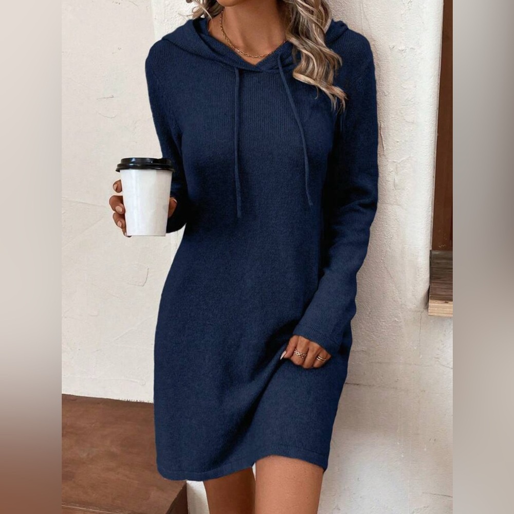 SHEIN Essnce Navy Drawstring Hooded Sweater Dress • SIZE S • Brand New